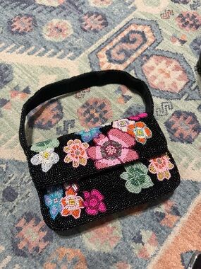 Beaded Floral Black Shoulder Bag with Multicolor Embroidery